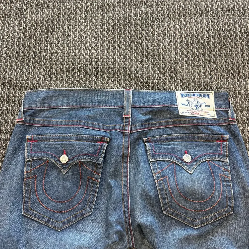 True Religion Straight Cut Denim Jeans Mens Faded Distressed Flap Pocket 40x33